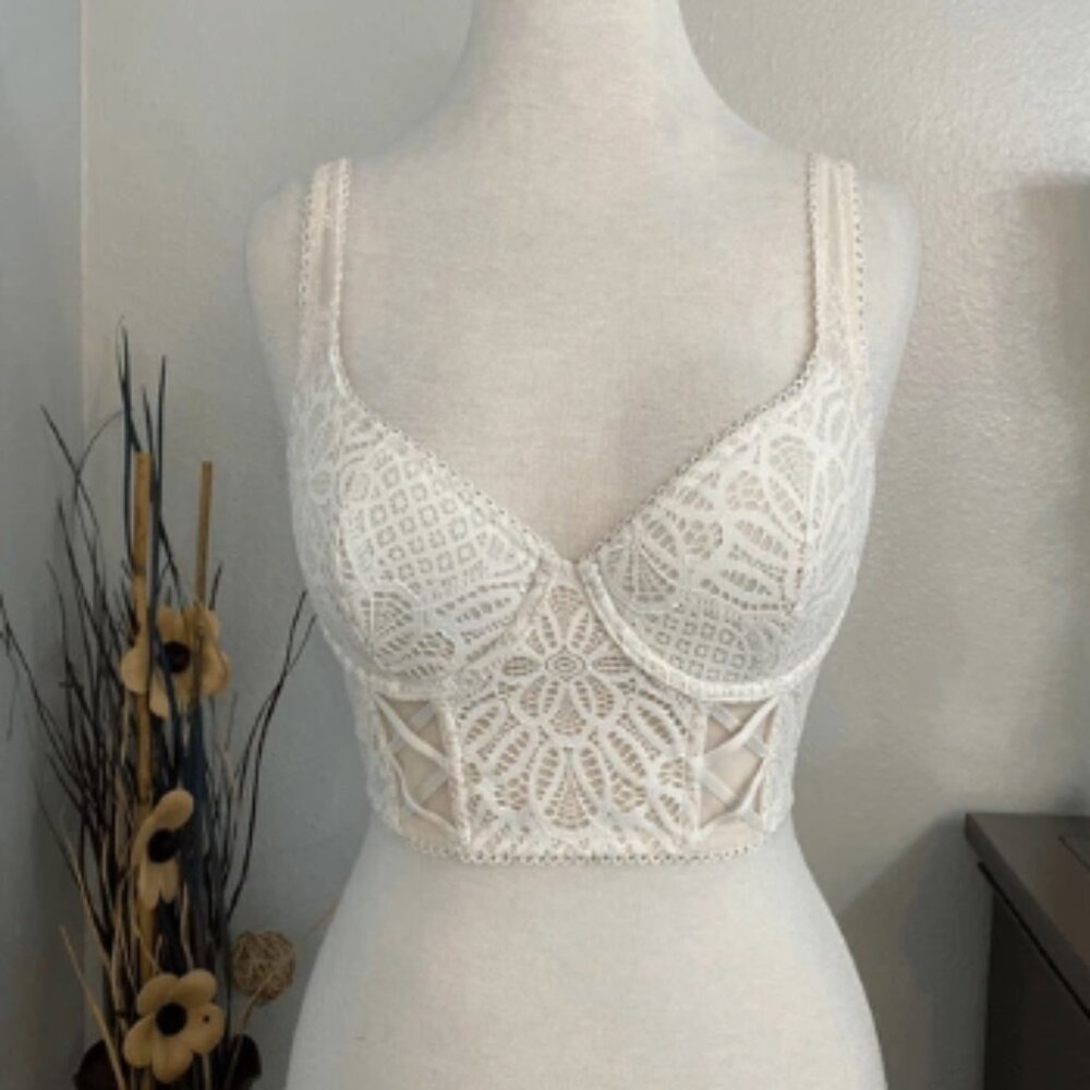 Victoria's Secret Lace Corset Bustier Bra 32DD Dream Angels White Cream Ivory